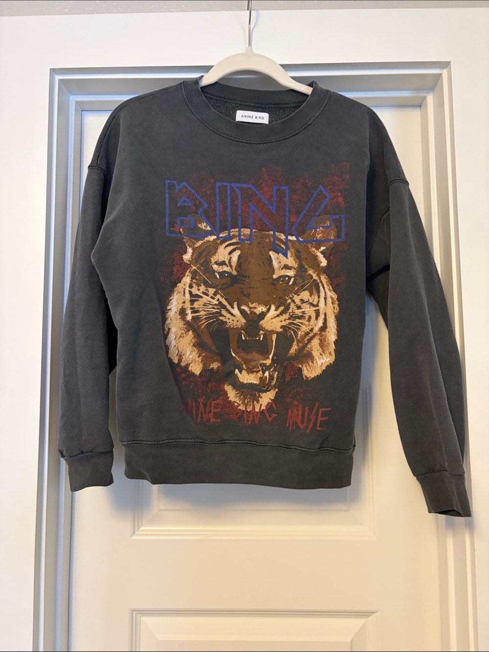 Anine Bing Charcoal Crewneck Sweatshirt with Tiger Graphic